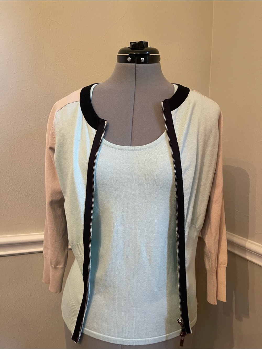 Carlisle Mint Tank with Blush Pink Sleeves and Black Trim Cardigan